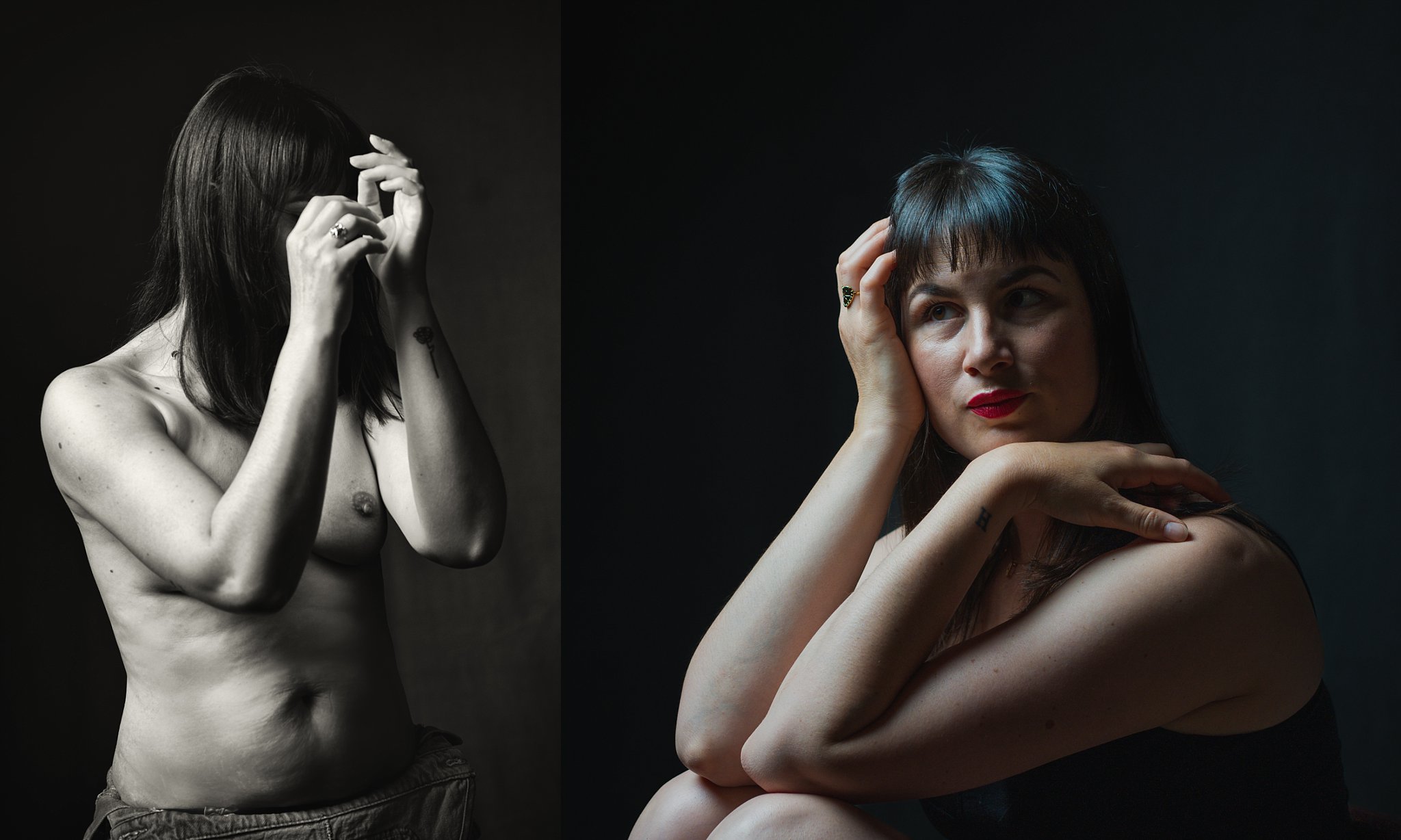 deux photos , une en couleur et une autre en noir et blanc, une femme pose pour une séance estime de soi