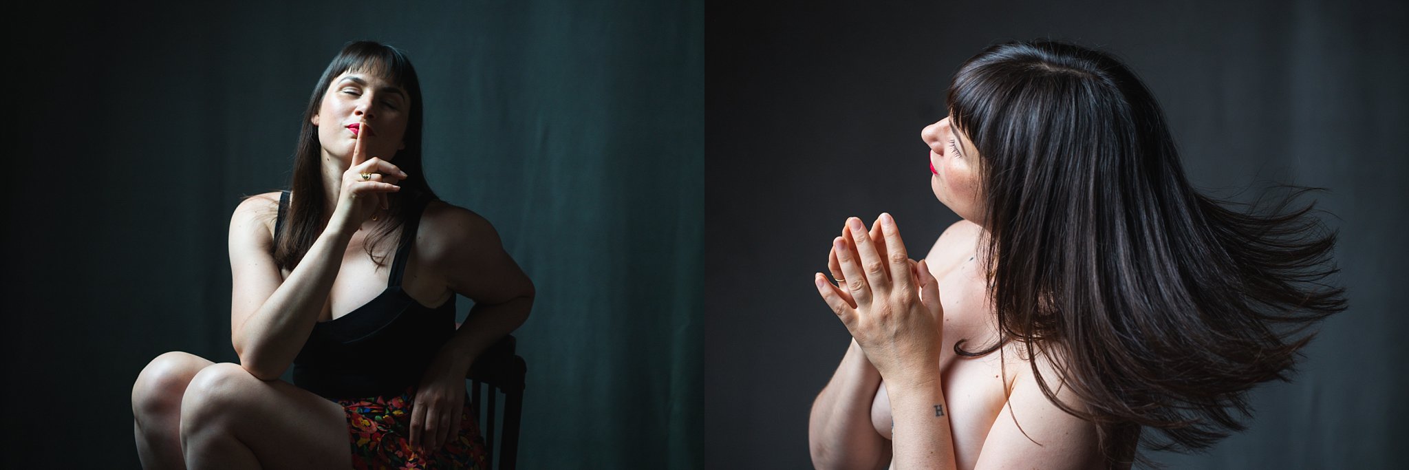 deux portraits d'une femme en mouvement et miment le signe de chut. Ces portraits ont été réalisé lors d'une seance estime de soi 