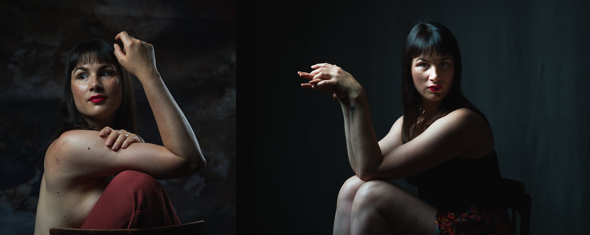 deux portrairs d'une femme qui pose assise les bras relevé lors d'une seance estime de soi