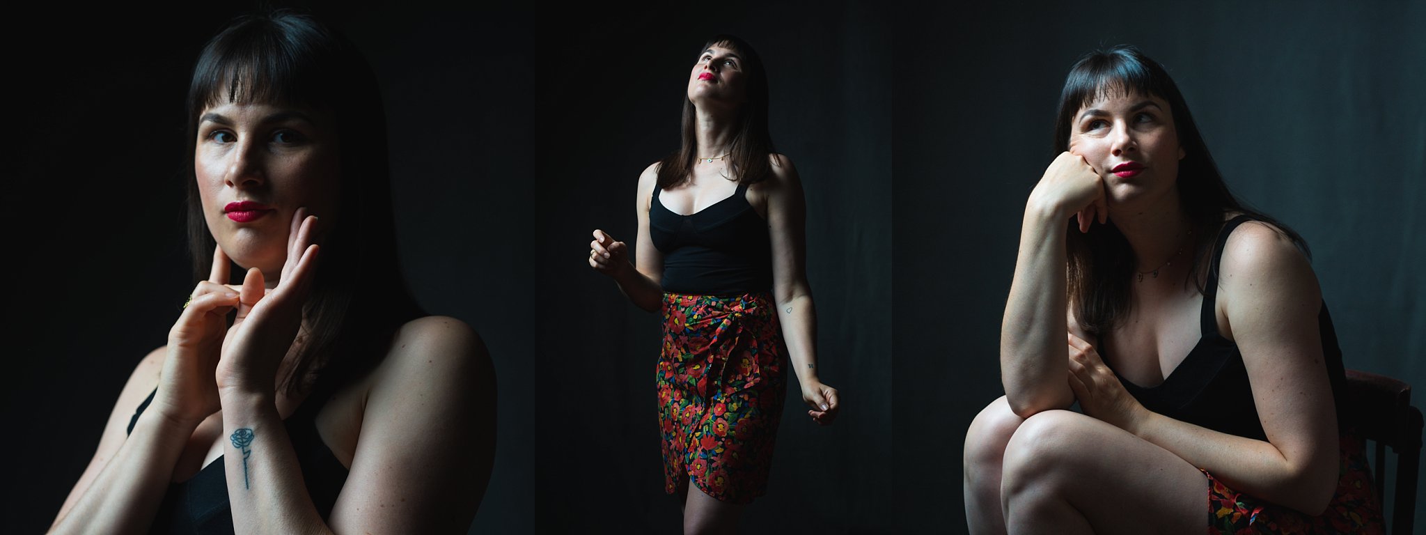 trois photos où on peut voir une femme poser assise et deboit face à l'appareil photo lors d'une stime de soi 