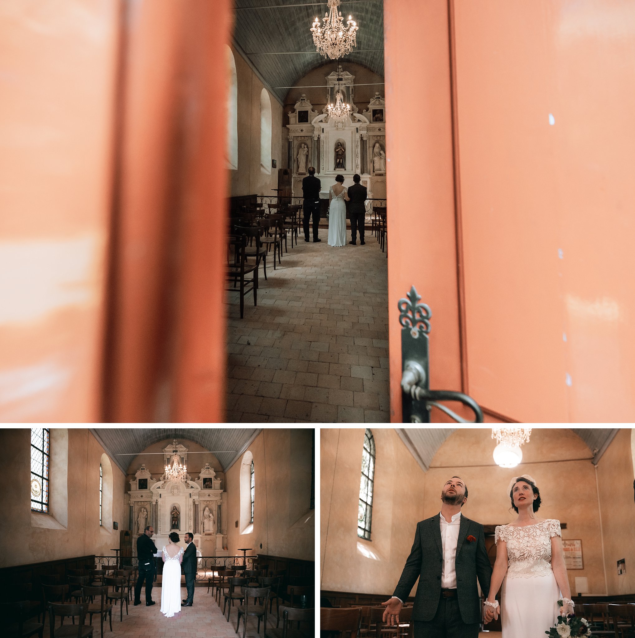 On voit les mariés avec le pretre communier, Un reportage photo mariage en Bretagne sur le thème champêtre et bohème