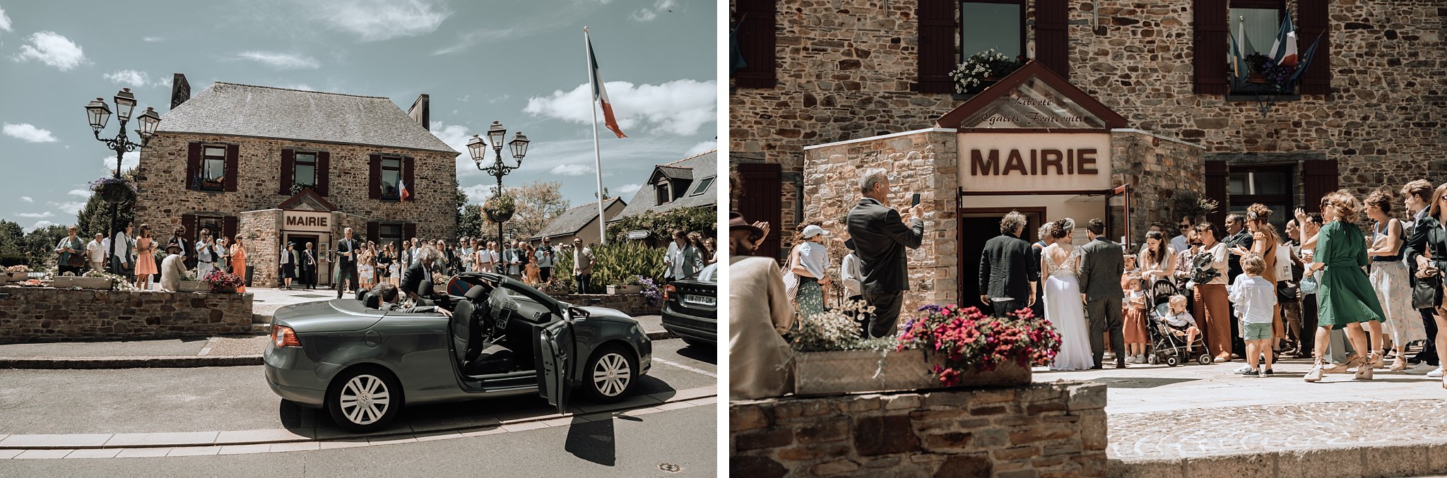 deux photos où l'on voit l'arrivé des mariés dans une ambiance festive, Un reportage photo mariage en Bretagne sur le thème champêtre et bohème