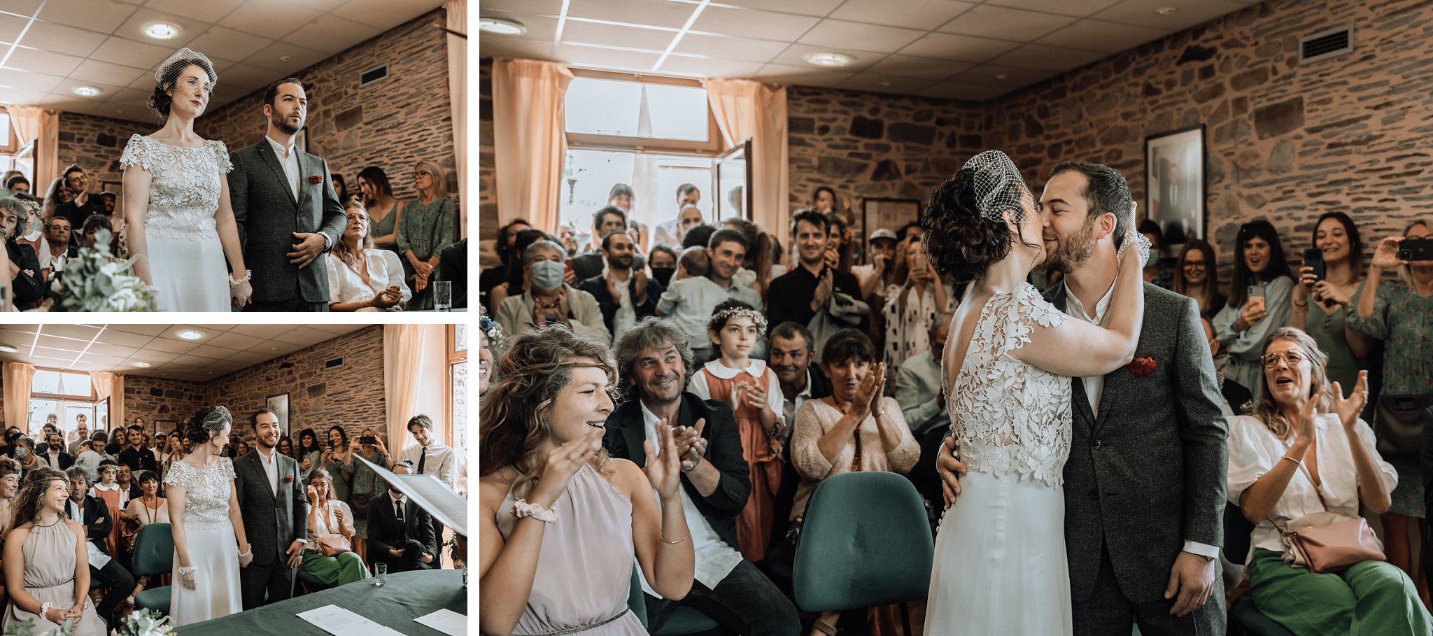 les mariés se sont dit oui. Les gens applaudissent lorsque les mariés s'embrassent,Un reportage photo mariage en Bretagne sur le thème champêtre et bohème