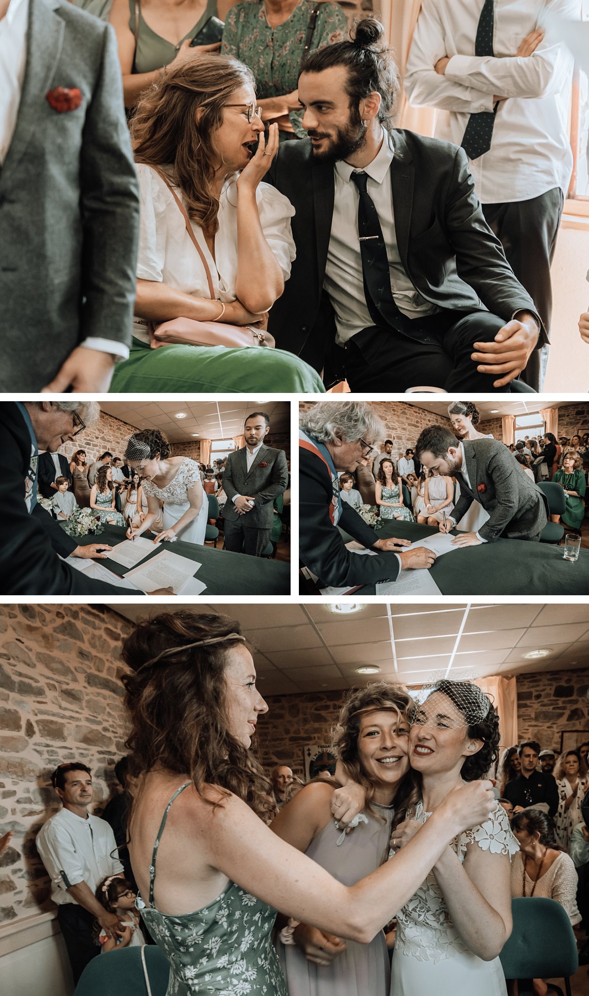 fin de la cérémonie les invités parlent entre eux, embrassent la mariée,Un reportage photo mariage en Bretagne sur le thème champêtre et bohème