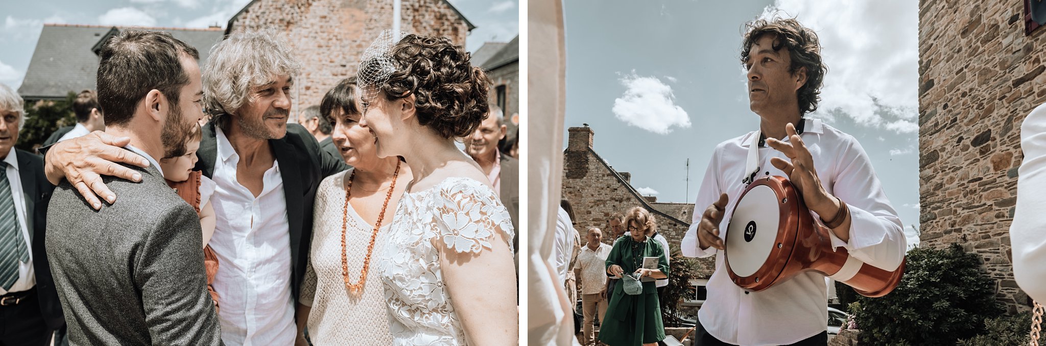les parents de la mariée la félicite et on vit le musicen jouer de la darbouhka, Un reportage photo mariage en Bretagne sur le thème champêtre et bohème