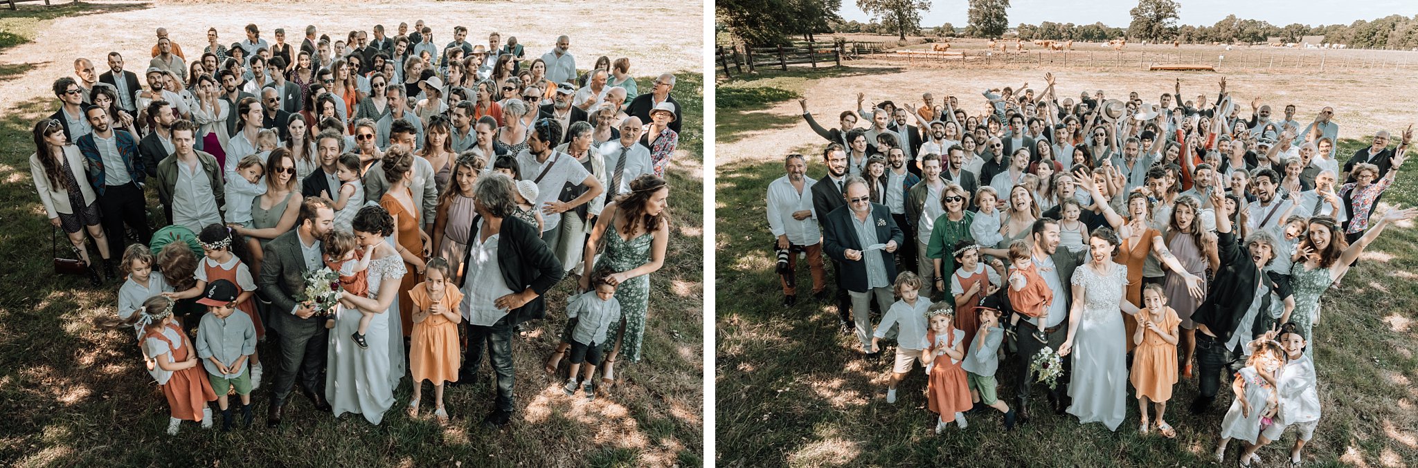 photo de groupe où les gens posent Un reportage photo mariage en Bretagne sur le thème champêtre et bohème