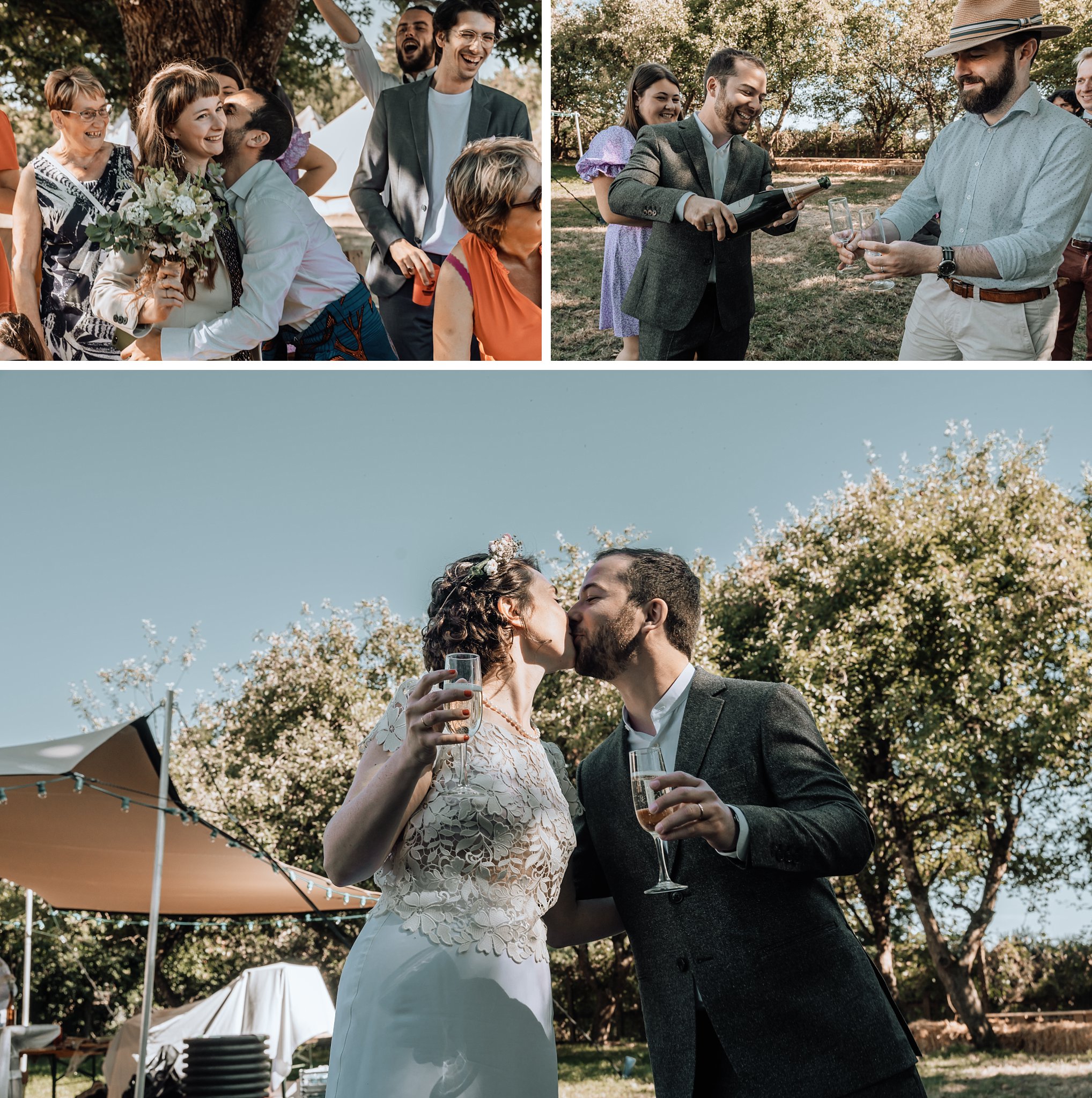 Les mariés s'embrassent la coupe de champagne à al main, Un reportage photo mariage en Bretagne sur le thème champêtre et bohème