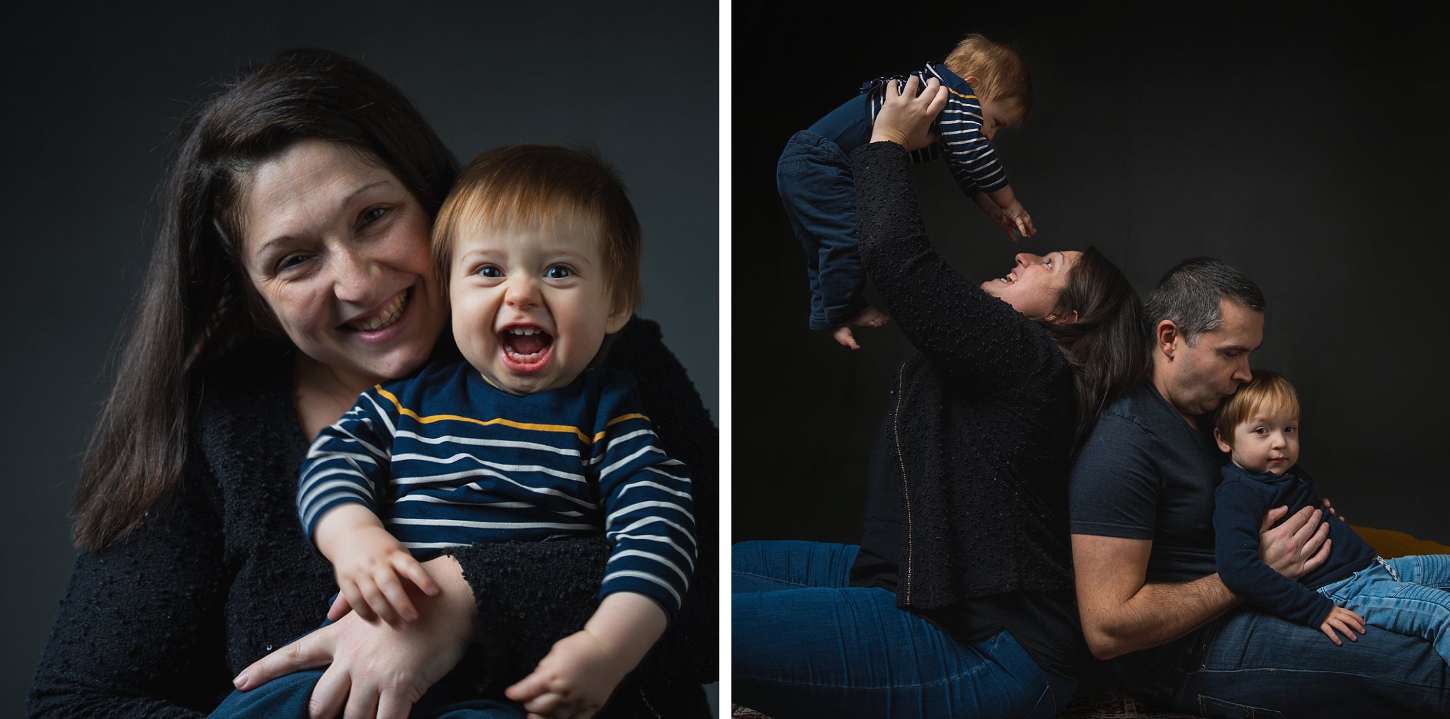 une maman pose avec son bebe et il y a un portrait de famille où ils sont tous les quatre