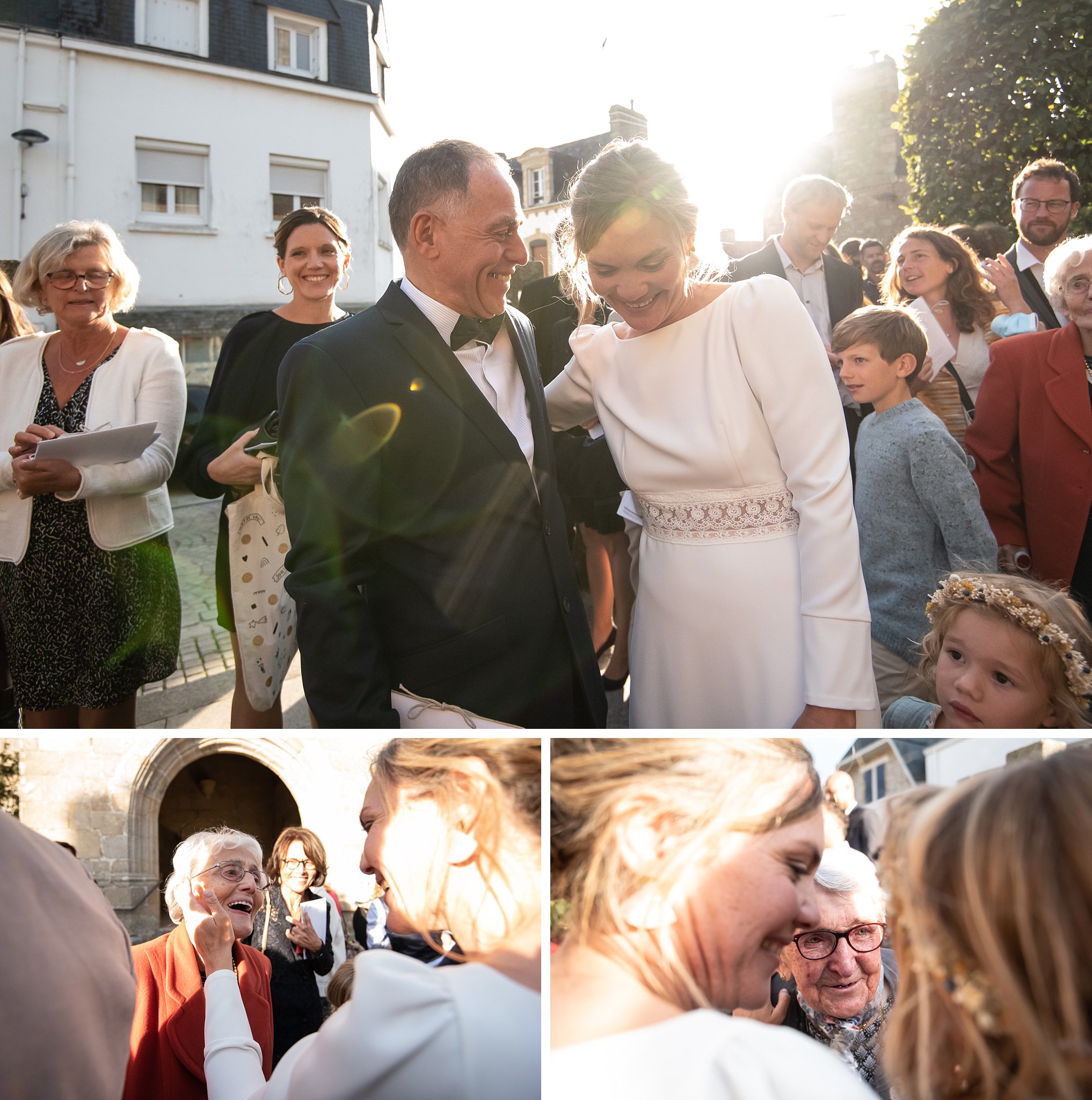 des portraits de famille à la sortie de l'eglise, la mariée avec ses grand-mere et son papa,Un sublime mariage à Carnac pour G & Y